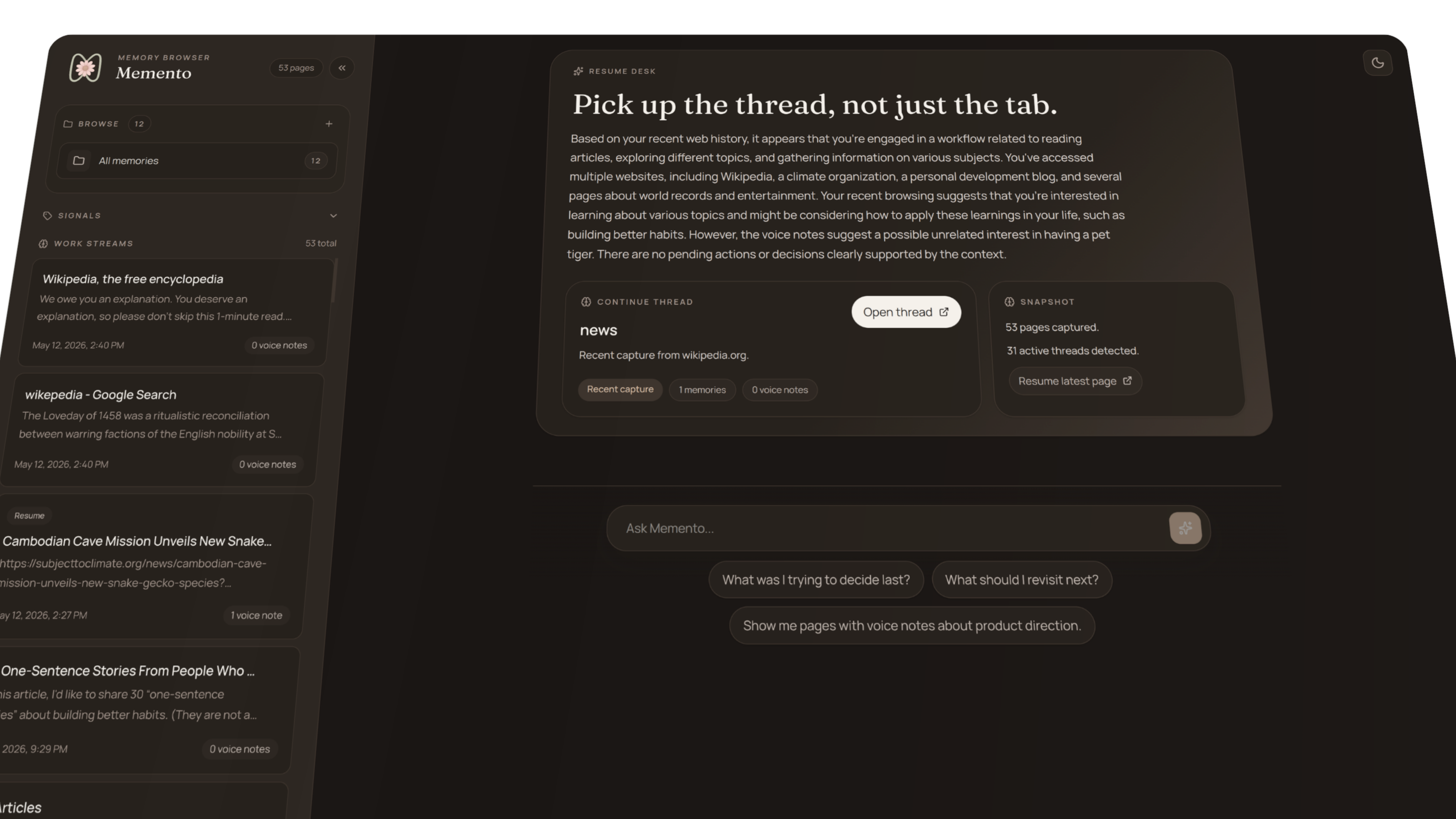 Memento memory browser workspace interface